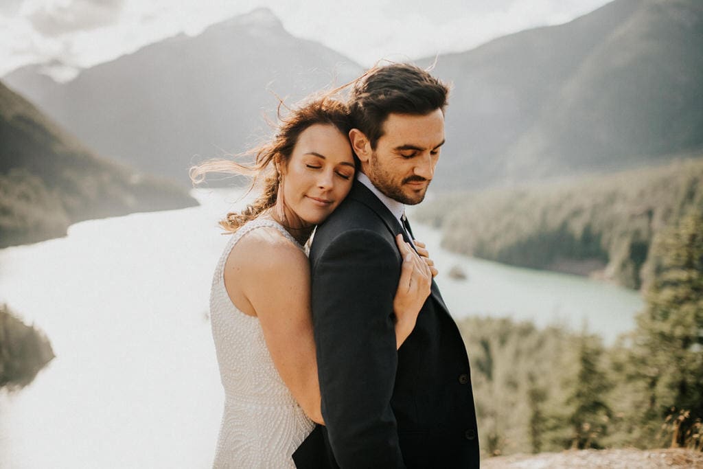 bride and groom sharing a quiet moment at diablo lake