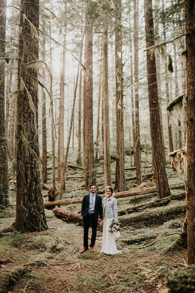 bride and groom standing in the washington trees