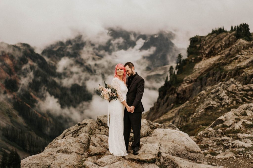 bride with pink hair getting married at artist point washington
